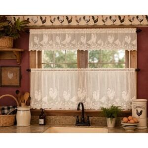 Vintage NOS Heritage Lace Rooster Kitchen Curtain Set Valance Tier Ecru Beige